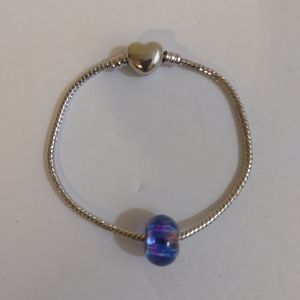 NEW Handcrafted Heart Locket Blue Glass Bead  Bracelet  6"- 7.5